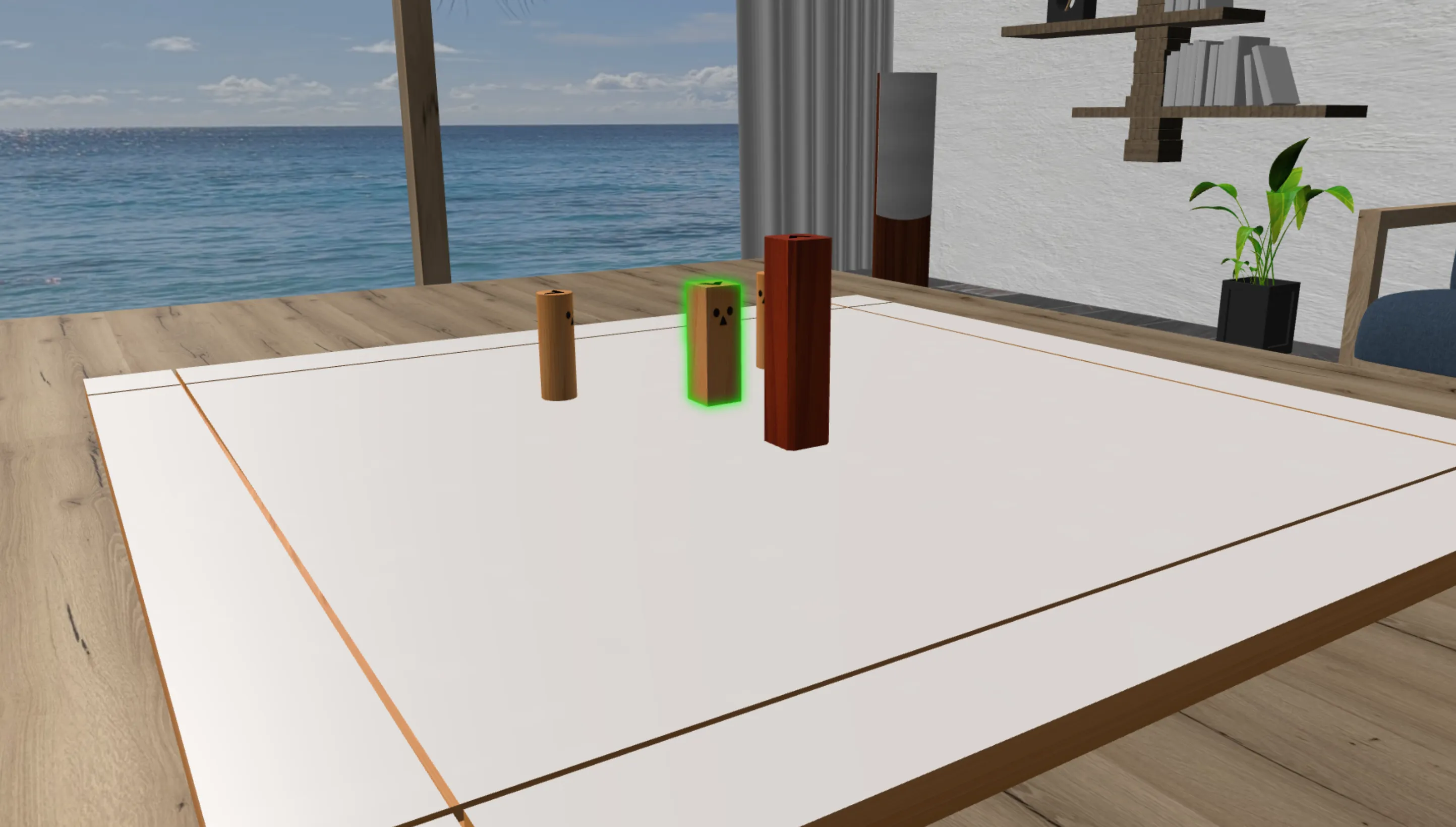 Tablero sistémico online con figuras de madera, una de ellas marcada en verde, con vistas al mar