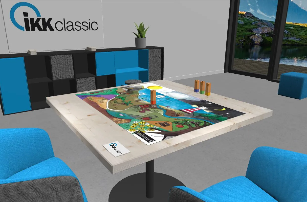 Sala virtual con el logotipo de IKK classic: mapa de posicionamiento con figuras de madera sobre la mesa