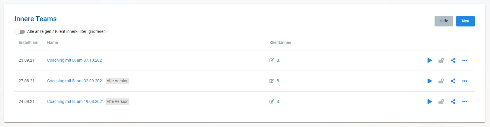 Screenshot: list of Inner Teams, older entries are marked “Old version”