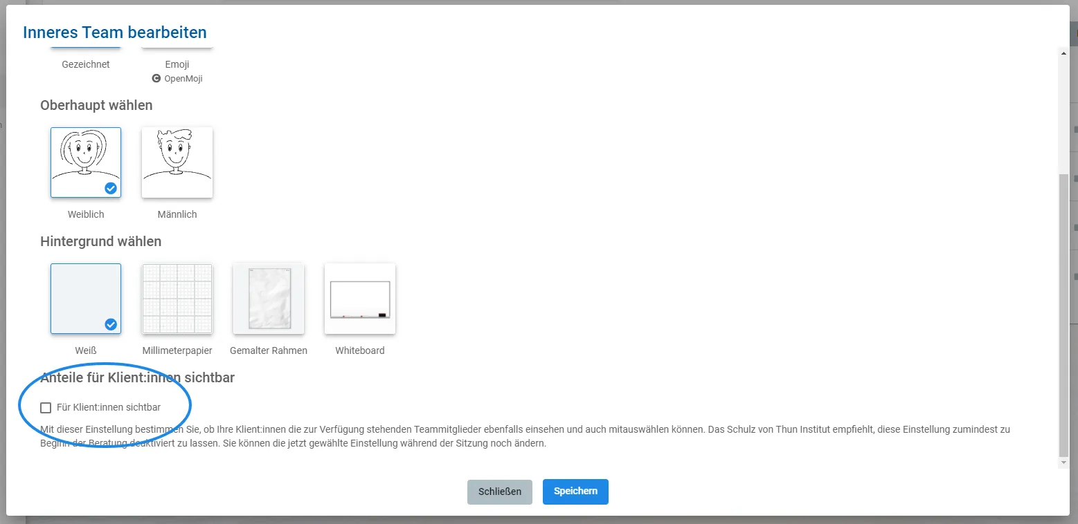 Screenshot: “Edit Inner Team” dialog with the “Visible to clients” checkbox circled