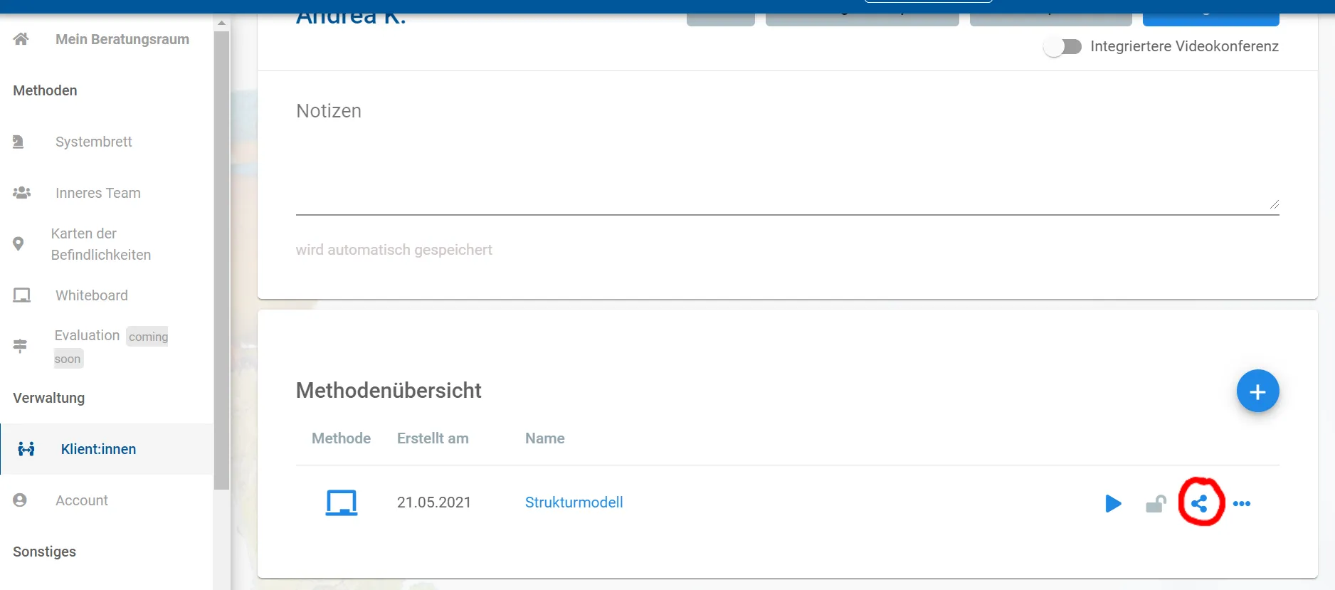 Captura de pantalla: vista general de herramientas con el enlace de la herramienta marcado en rojo, a través del cual los clientes trabajan la herramienta por su cuenta