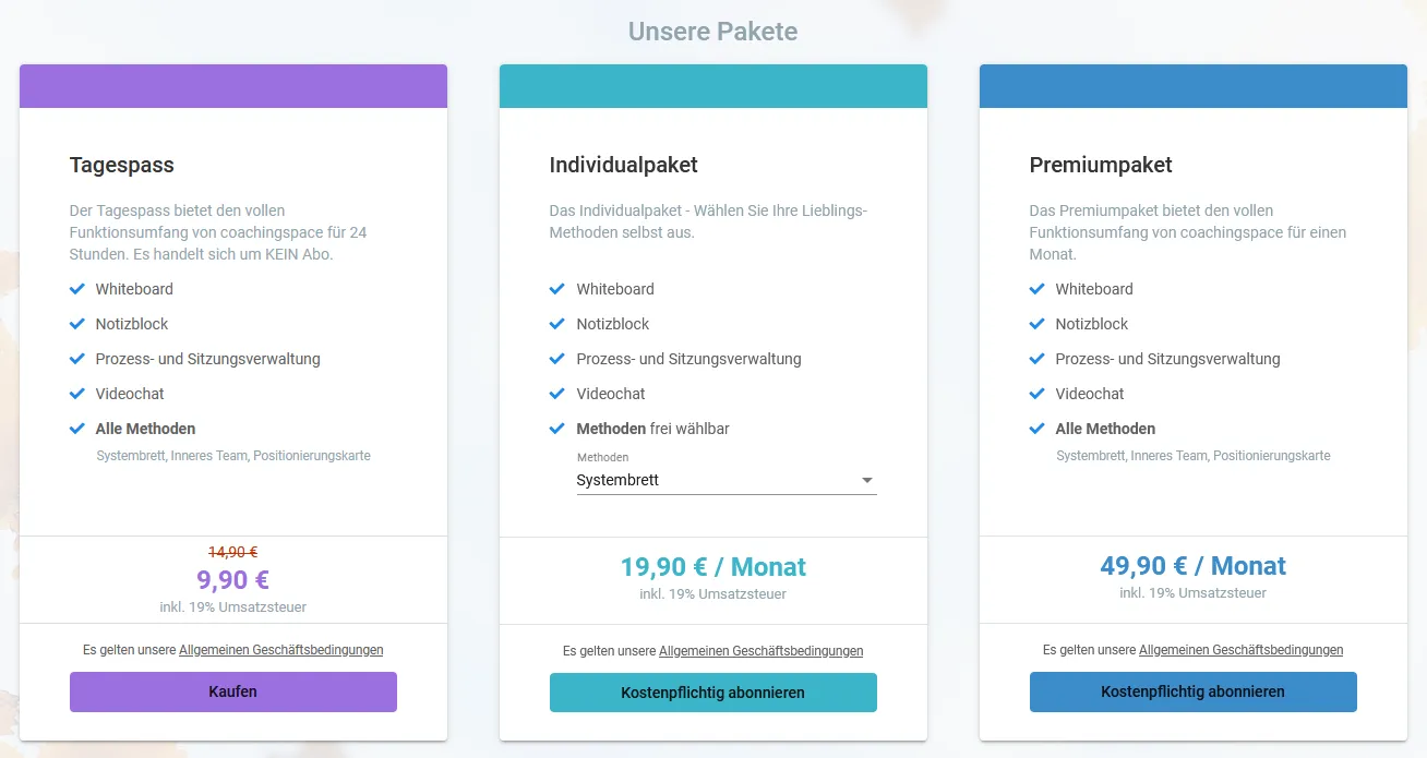 Screenshot: coachingspace-Shop mit Tagespass, Individualpaket und Premiumpaket samt Preisen