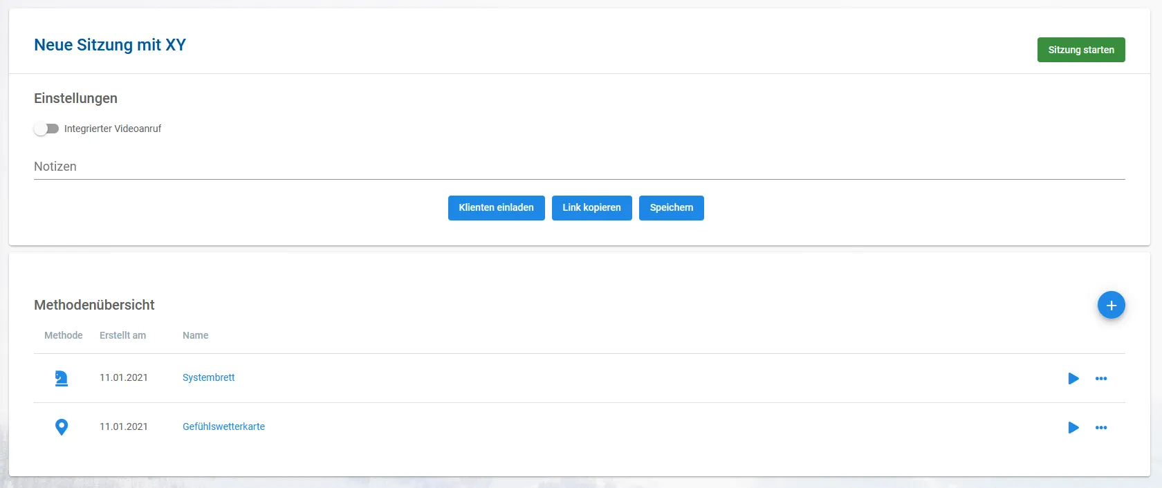 El menú de la nueva gestión de sesiones de coachingspace