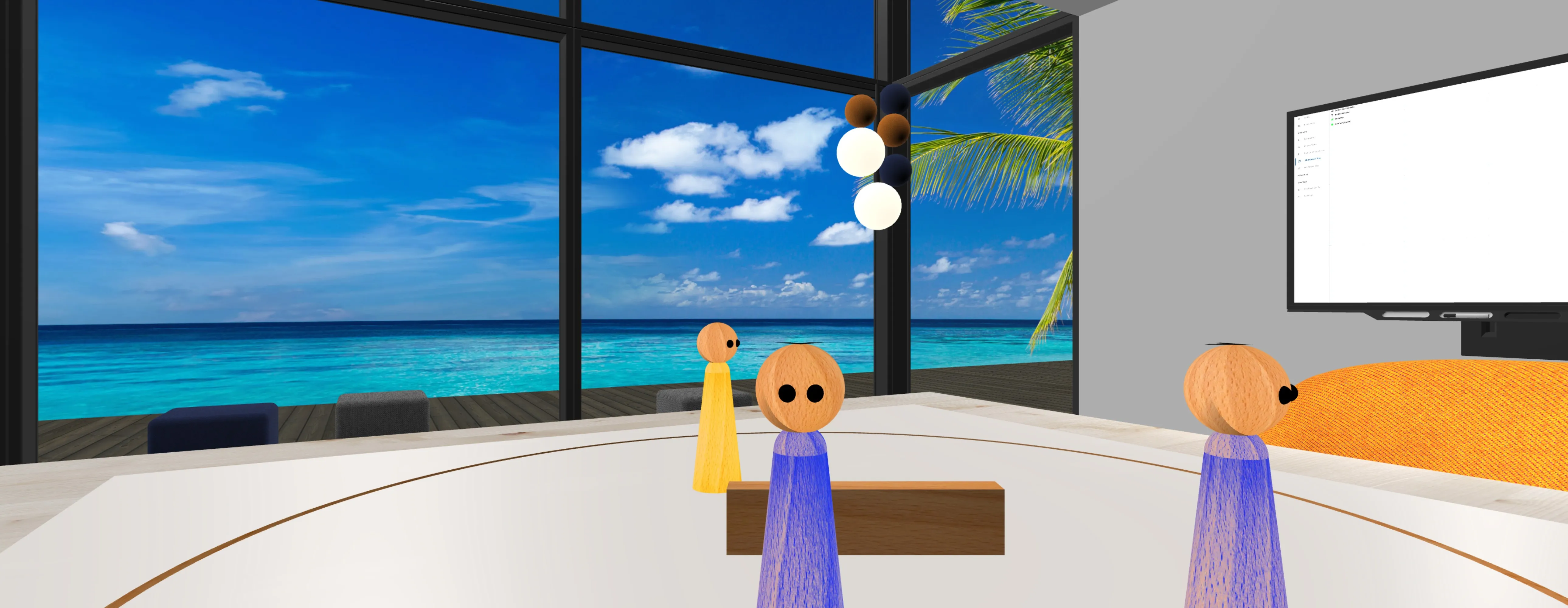 Tablero sistémico online con figuras de madera y un listón de madera ante un ventanal con vistas al mar