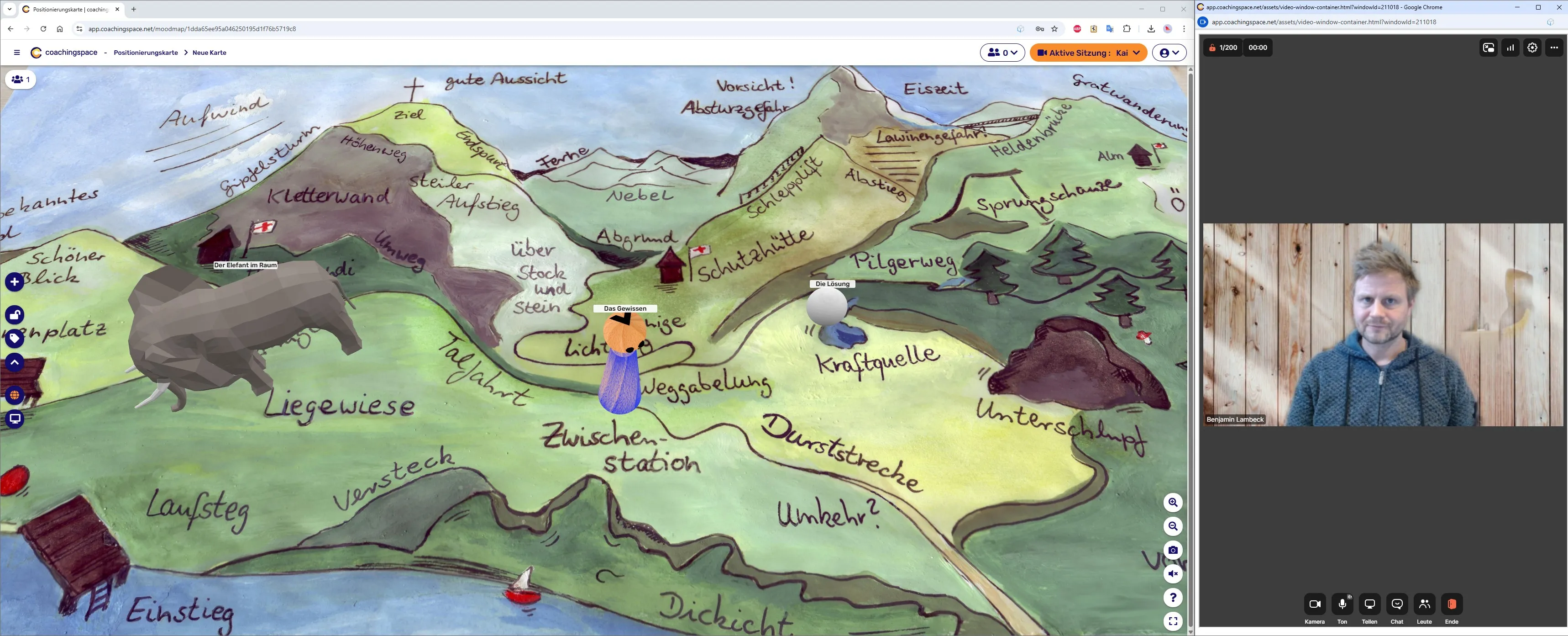 Captura de pantalla: mapa de posicionamiento con el elefante en la habitación; a la derecha, la videoconferencia con un hombre