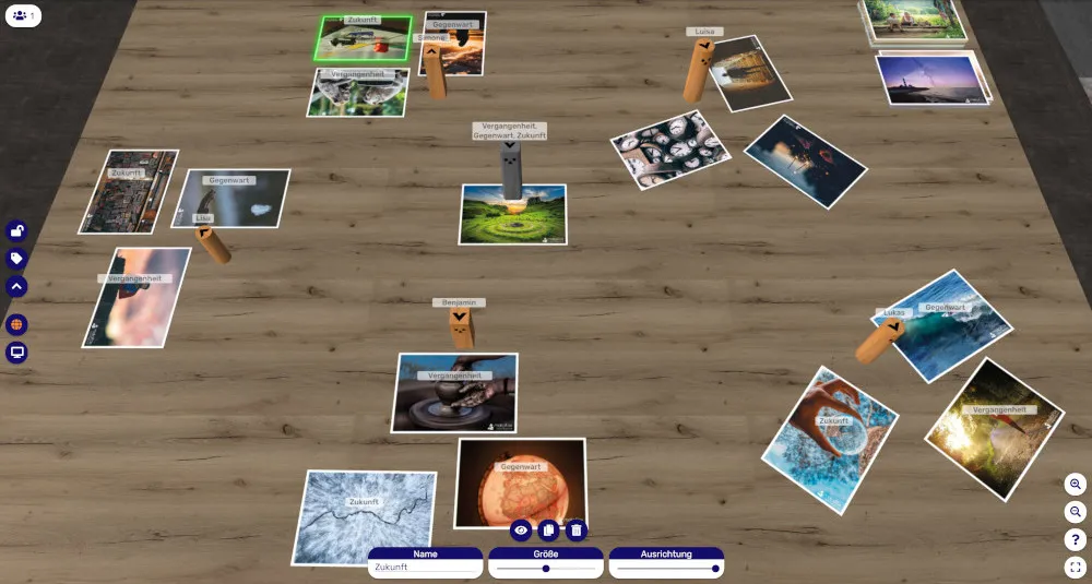 Screenshot: top view of impulse cards labeled past, present and future, with wooden figures