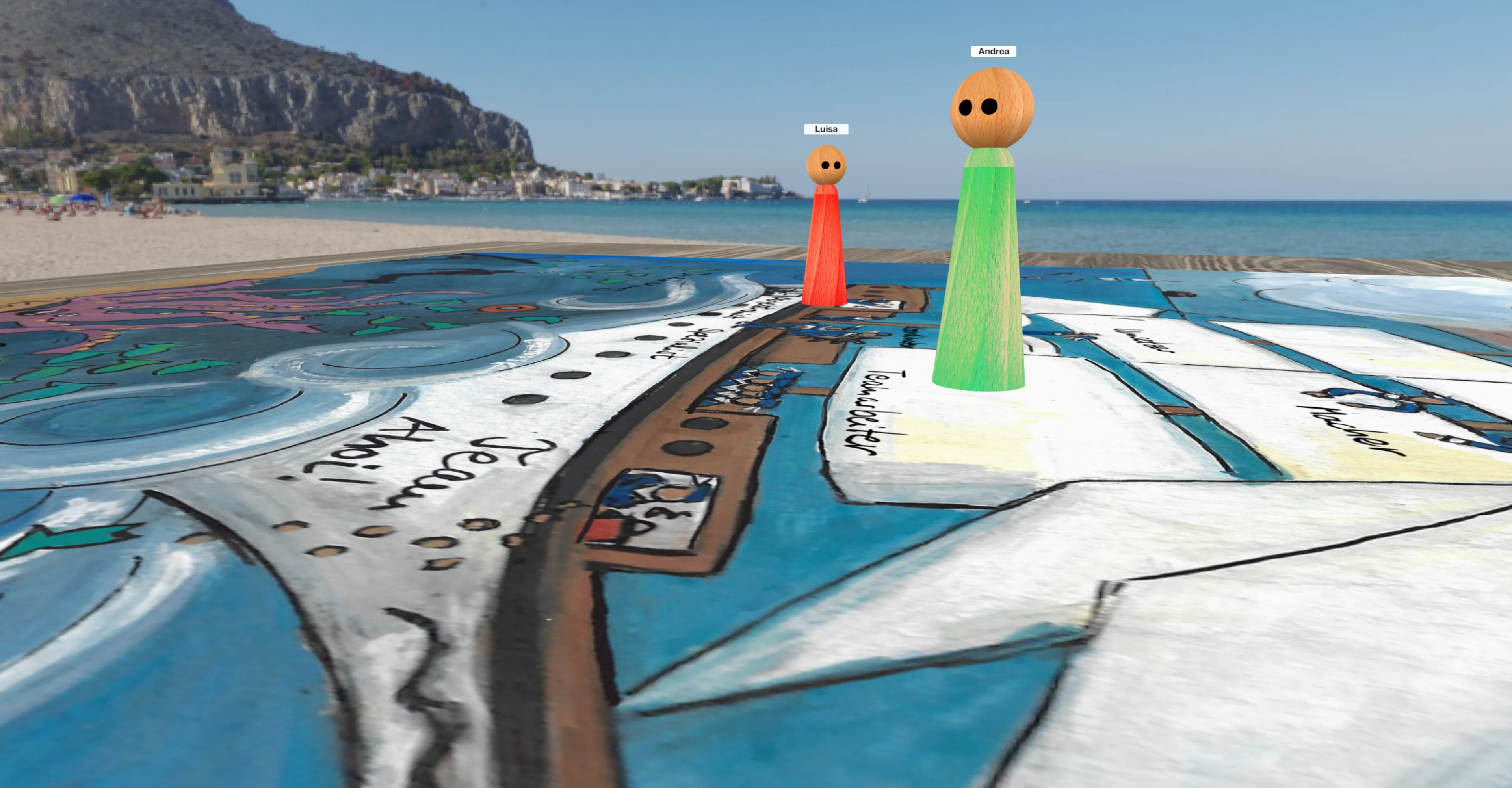 Perspectiva de Timo en el mapa “Team Ahoi”: vista desde la proa hacia las figuras Luisa y Andrea