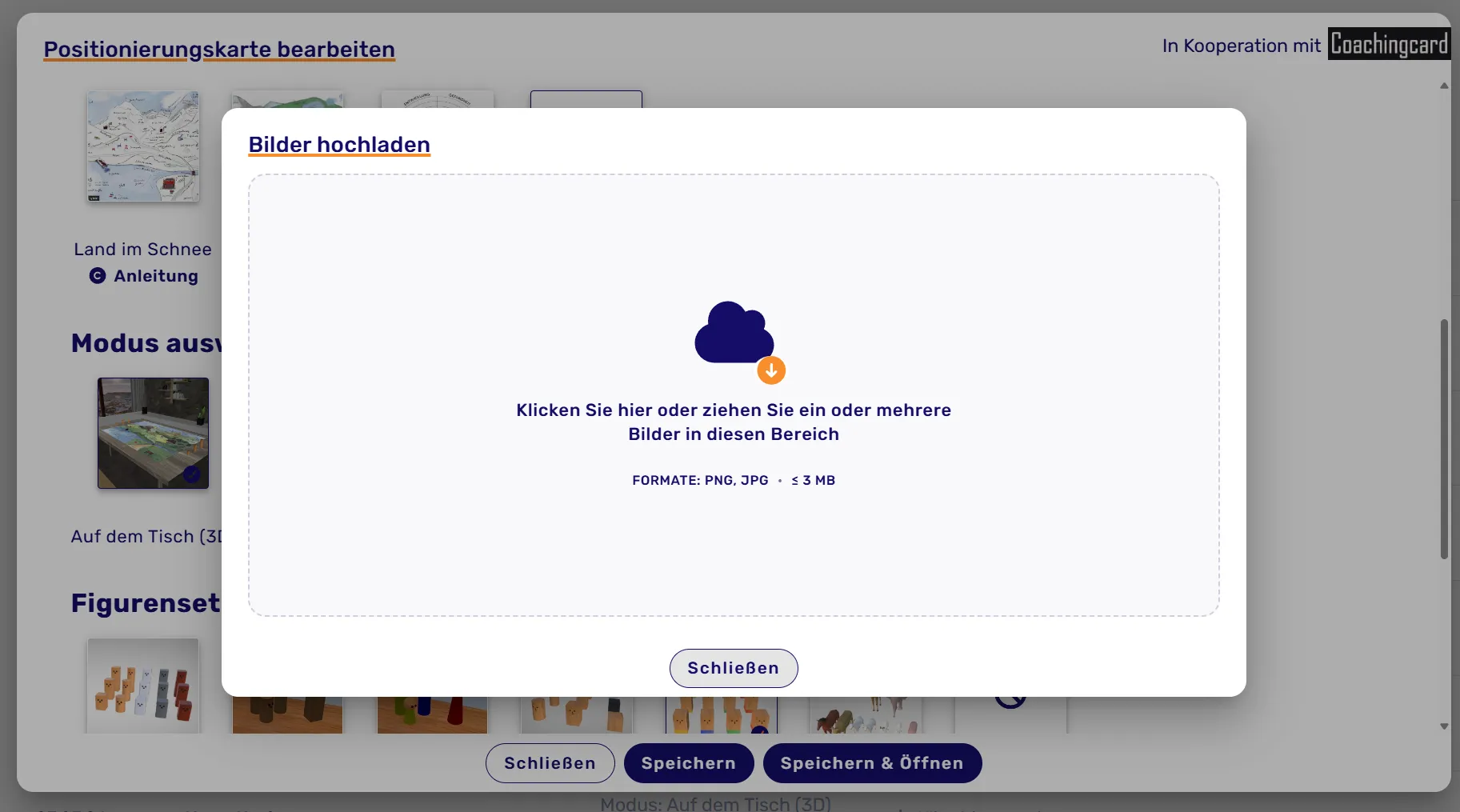 Captura de pantalla: cuadro de diálogo “Subir imágenes” para mapas propios en el mapa de posicionamiento (PNG, JPG, hasta 3 MB)