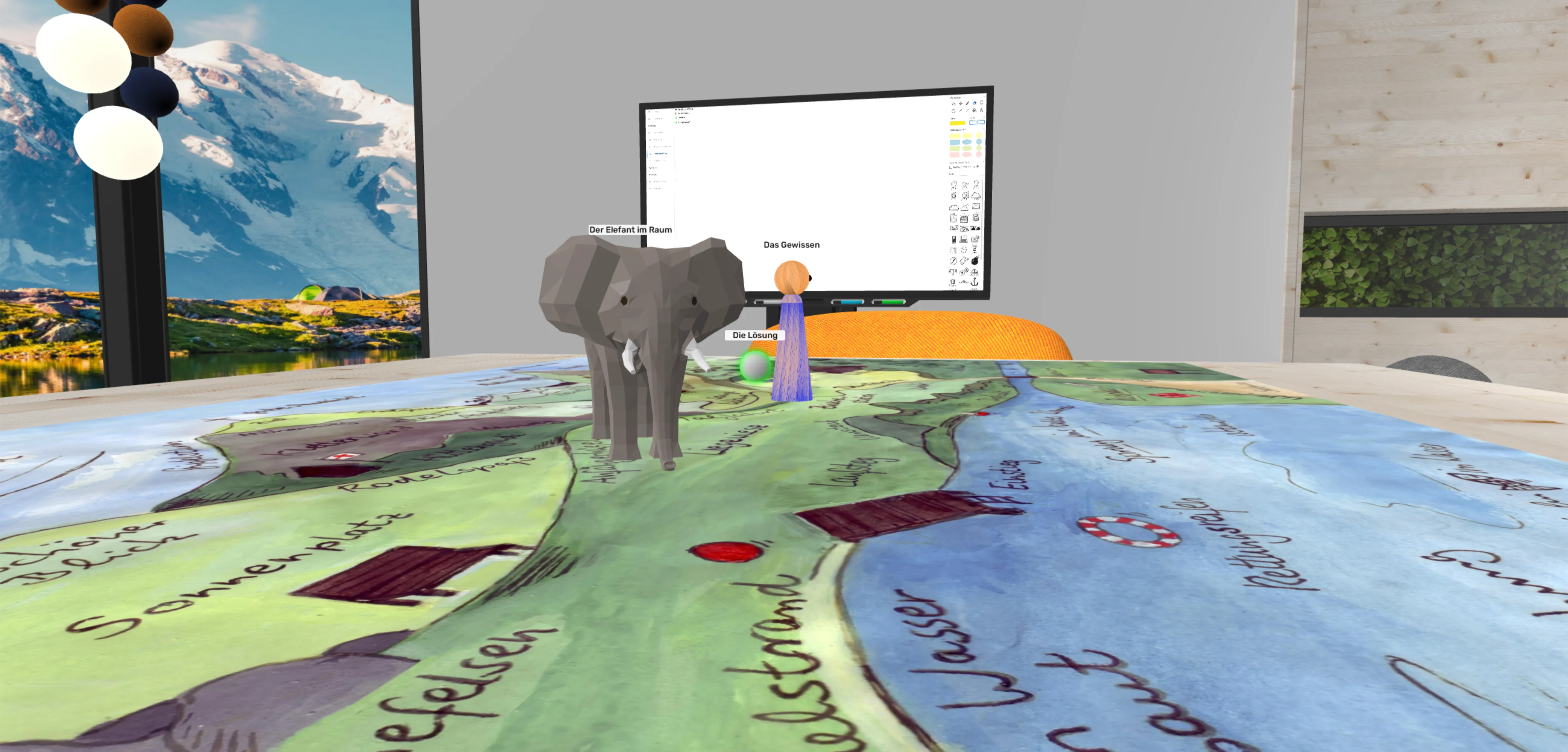 Vista 3D sobre el mapa de posicionamiento hacia el elefante en la habitación; detrás, “La conciencia” y “La solución”