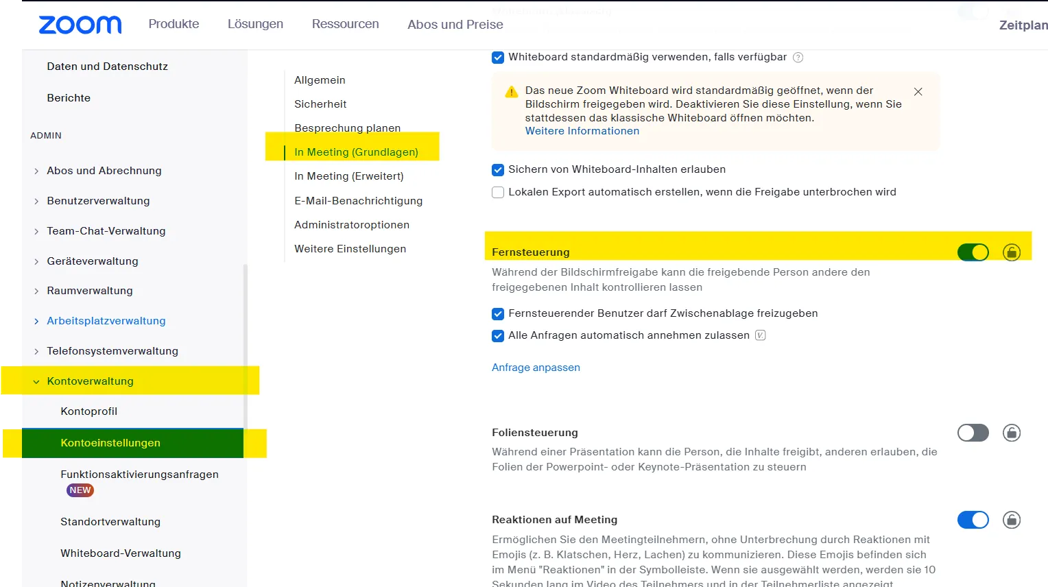 Captura de pantalla: ajustes de la cuenta de Zoom, pestaña “En la reunión (básico)” con el interruptor “Control remoto” activado